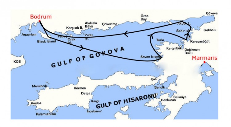 Bodrum - Karacasögüt - Bodrum em Gulet Mapa