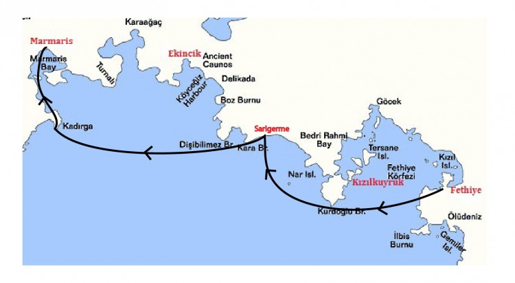 Fethiye to Marmaris Gulet Cruise Map