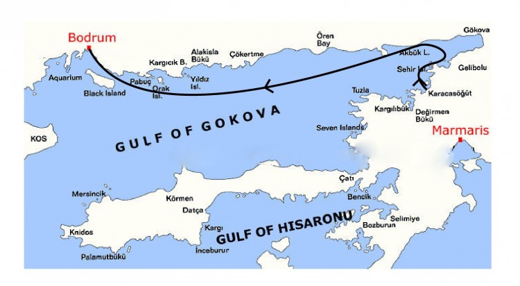 Karacasogut to Bodrum Gulet Cruise Map