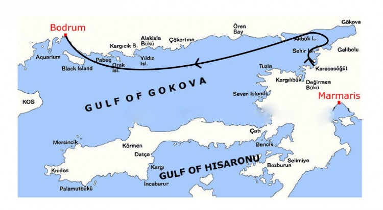 Karacasogut - Bodrum en Guleta Mapa