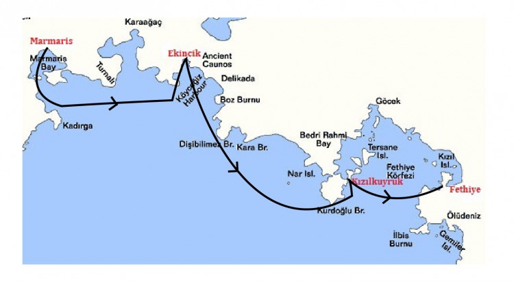 Marmaris - Fethiye Gulet Cruise Map