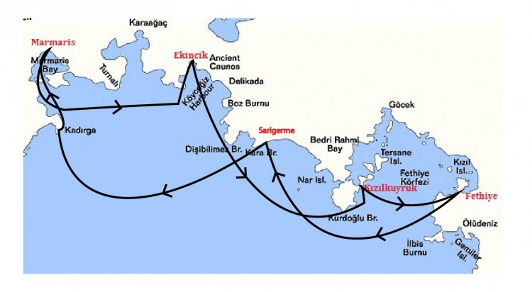 Marmaris - Fethiye - Marmaris em Gulet Mapa