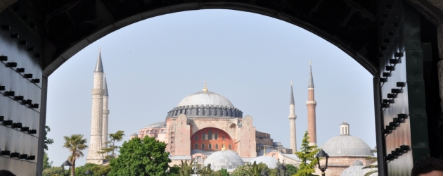 Magical view of Hagia Sophia from countyard of Blue Mosque