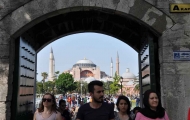 View of Hagia Sophia from entrance of Blue Mosque