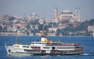 Wonderful sight of a ferry and Hagia sophia in Bosphorus